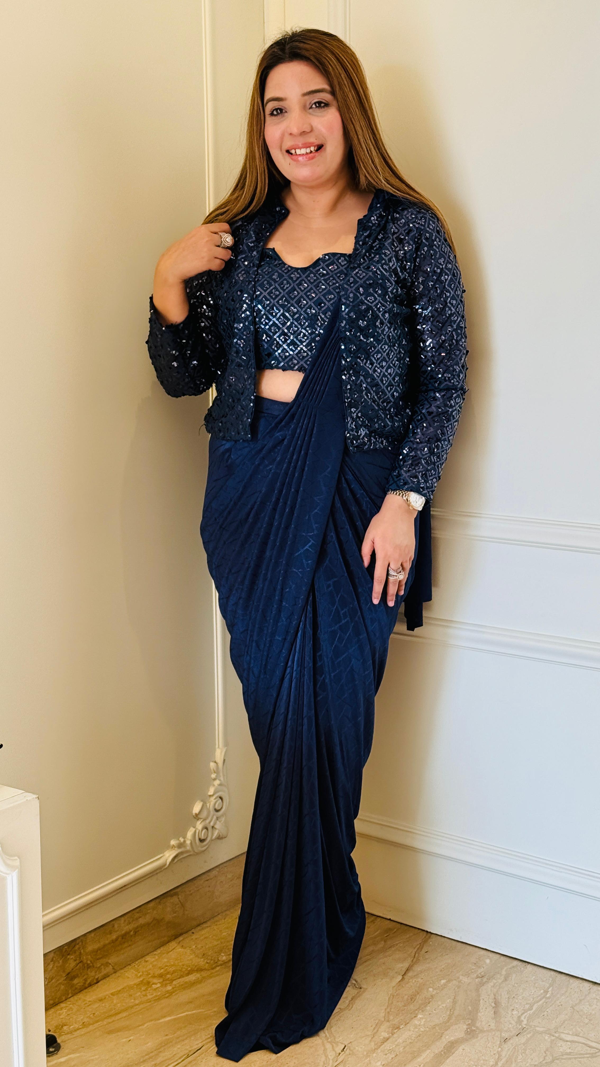 Blue & Purple Ishira Lycra Saree Set